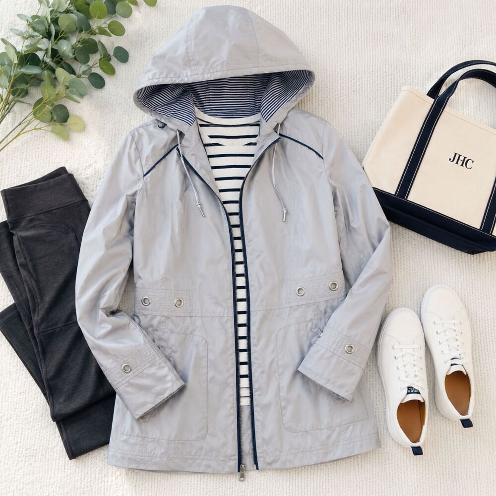 D.E.T.A.I.L.S. Gray Hooded Windbreaker Rain Jacket Women’s Small Utility